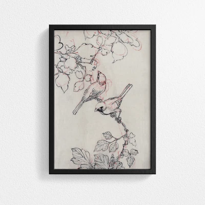 Vintage Japanese Wildlife Poster Print – Two Birds Perched on Grapevines - Repro - Image 1 of 4