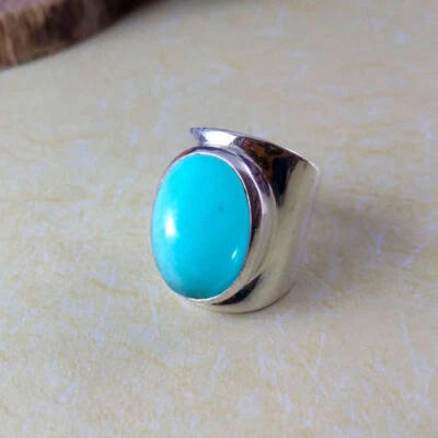Solid 925 Sterling Silver Natural Blue Turquoise Gemstone Signet Men's Gift Ring - Image 1 of 4