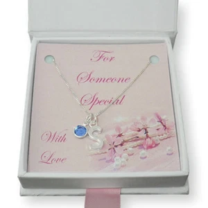 Necklace with Letter and Birthstone on Sterling Silver Chain in Special Gift Box - Picture 1 of 9