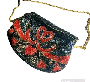 Fully Heavily Beaded Black Colorful Evening Purse Bag 80s Style Gold Trim Chain - Picture 1 of 7