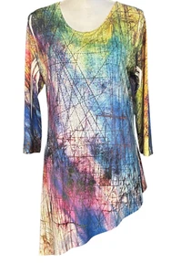 Jess & Jane Tunic Size Small Blue Abstract Asymmetric Hem Sequin Boho Artsy USA - Picture 1 of 7