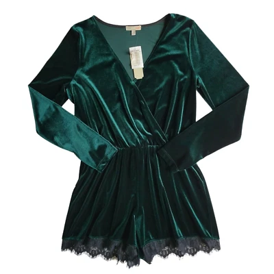 GB Mujeres M Verde Encaje Dobladillo Jumper Pantalones Cortos Terciopelo Elastizado Manga Larga Mediano Foto 1 de 4