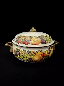 Vintage Enamel 1980s CORNUCOPIA Fruits Cooking Pot w/ Lid & Brass Handles - Picture 1 of 9