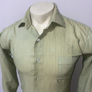 Vtg 1960s Manhattan Dress Shirt Striped Print Green Permanent Press Mens Large - Picture 1 of 12