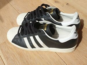 Addidas Original Superstar Trainers black leather and white stripes, size UK8.5