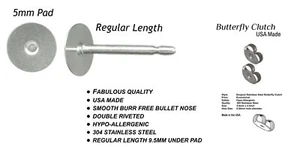 5mm Pad USA Surgical Stainless Steel Studs - Choose Clutch - Standard Length Pos - Picture 1 of 35