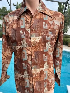 Vintage 70's Disco Haunting Barn Castle Print All Over L/S Shirt mens M - Picture 1 of 6