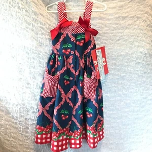 Vtg Daisy Kingdom Dress Size 4 Girls Gingham Sundress Cherries Red White Blue - Picture 1 of 15