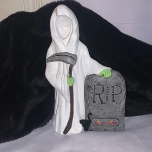 Strappo in ceramica Halloween Grim Reaper 12” con pietra tombale e gatto nero - Foto 1 di 18