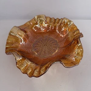 Vintage Fenton Peacock Tail Marigold Iridescent Carnival Glass Bonbon Bowl Dish - Picture 1 of 5