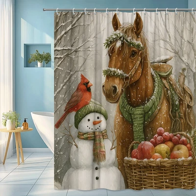 Caballo Muñeco de Nieve Cardenal Cesta Cortina de Ducha Invierno Rústico Navidad Baño De Foto 1 de 4