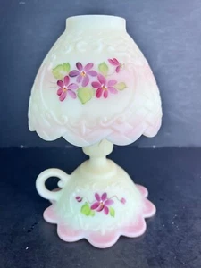 Fenton Burmese 3 Piece Tea Cup Fairy Lamp - Basket Weave Pattern HP Violets Glow - Picture 1 of 10