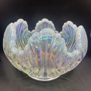 Fenton Iridescent Cabbage Leaf Rose Sharon Bowl Vase Rainbow Stamped Beautiful - Picture 1 of 6
