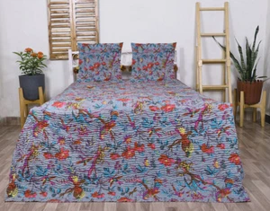 Kantha Bedspread Indian Handmade Bird Print Quilt Throw Cotton Blanket Boho - Picture 1 of 5