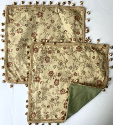 2 VTG Waterford Floral Jacquard Throw Pillow Covers 20x20 Beaded Trim Gold FANCY - Image 1 of 4