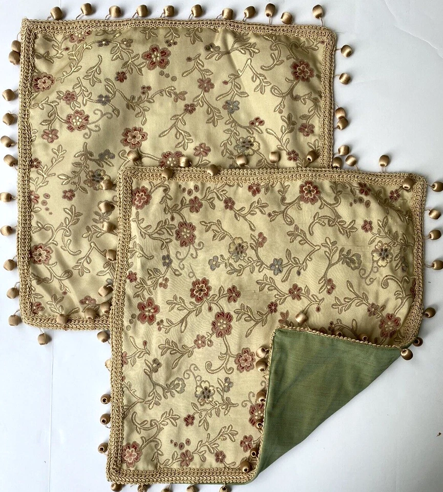 2 VTG Waterford Floral Jacquard Throw Pillow Covers 20x20 Beaded Trim Gold FANCY - Image 1 of 4