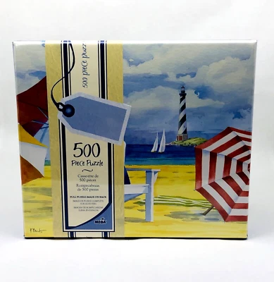 Puzzle Relaxing On The Beach 500 Piece Lighthouse Beach Chairs Sailing By Mega - Image 1 of 4