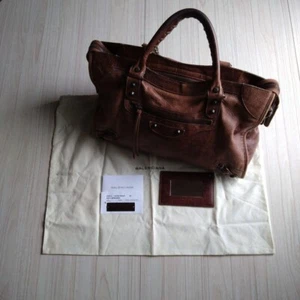 BALENCIAGA City Classic 115748 Brown Leather HandBag Used No Strap No Mirror Tie - Picture 1 of 17