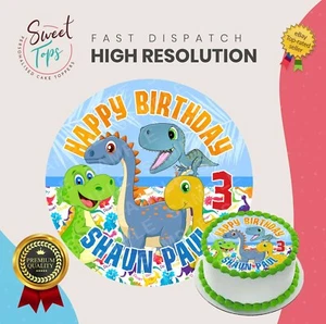 KIDS DINOSAUR, DINO ROUND EDIBLE BIRTHDAY CAKE TOPPER DECORATION PERSONALISED - Picture 1 of 1