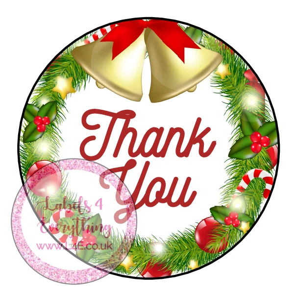 Christmas Wreath Xmas Thank You Gift Stickers Blue Business Company Label Seals  - Image 1 of 1