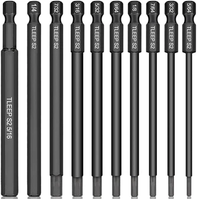 10 X Long 100MM 1/4 Inch Hex Head Allen Wrench Drill Bits, 5/16” to 5/64”, SAE,  - Image 1 of 4