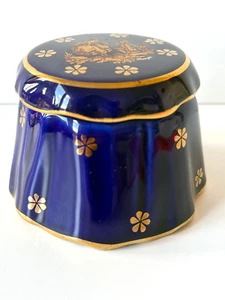 Limoges Cobalt Blue & Gold Porcelain Trinket Box "Courting Couple" - Picture 1 of 8
