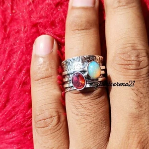 Ethiopian Opal Ring, Garnet Ring, 925 Silver Spinner Ring , Women Spinner Ring - Picture 1 of 10