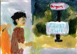 ACEO original PAINTING Burger stand Dinner fast food girl miniature ooak - Picture 1 of 1