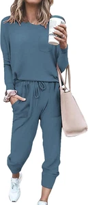 2 Piece Outfits for Women Solid Color Loungewear Loose Tracksuit Set Blue S - Picture 1 of 12
