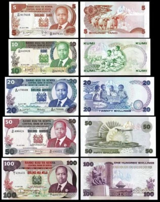 Kenya 5 Pcs SET, 5 10 20 50 100 Shillings 1980 1984 1987, UNC, P-19 20 21 22 23 - Image 1 of 4