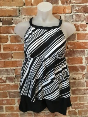 Traje de baño Tankini Isaac Mizrahi negro a rayas cuello alto en capas 16 nuevo Foto 1 de 4