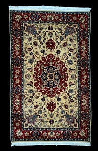 Vintage 3x5 Handmade Wool Floral Burgundy Tan Ivory Pink Navy Blue Medallion Rug - Picture 1 of 16