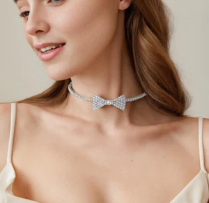 BOW TIE CLEAR AUSTRIAN RHINESTONE CRYSTAL NECKLACE CHOKER PROM B1626 SILVER - Picture 1 of 5