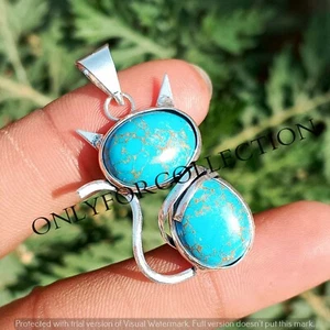 Copper Turquoise Gemstone 925 Sterling Silver Plated 1 PC Handmade Cat Pendant - Picture 1 of 3