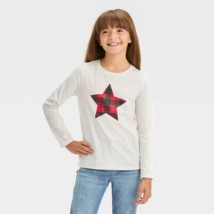 Cat & Jack Girls White Long Sleeve Plaid Christmas Star T-Shirt Size S (6/7) - Picture 1 of 1