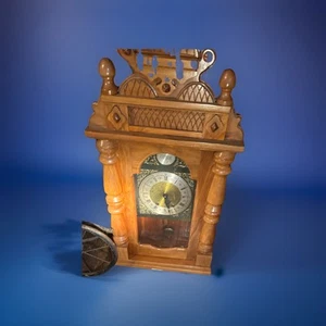 31” Pine Cabinet Pendulum Tempus Fugit  Clock Sticks On 1/2 & Hour - Picture 1 of 16