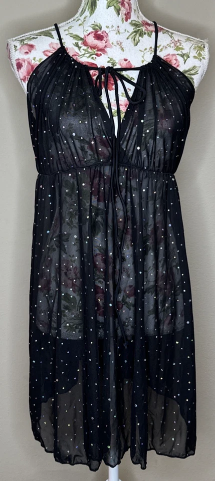 Shein Swim Cover Up 女式大码 3XL 黑色透明闪亮绑带裙 — 第 1/4 张图片