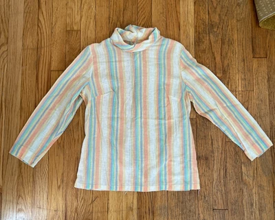 Blusa Mujer Vintage Rayas Lino Mezcla Algodón Cremallera Cuello Simulado Manga Larga M Foto 1 de 4