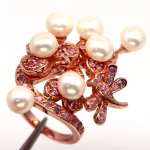 925 Plata de Ley Perla Blanca & Zafiro Rosa Joyería Anillo Tamaño 3.75 - Imagen 1 de 4