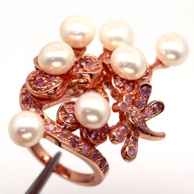 925 Sterling Silber Weiße Perle & Rosa Saphir Schmuck Ringgröße 3.75 - Bild 1 von 4