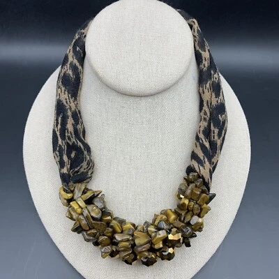 Grueso Boho Estampado de Leopardo Piedras Preciosas Collar Tela Ojo de Tigre Chip Racimo Babero Foto 1 de 4