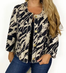 MICHAEL MICHAEL KORS Linen Black Print Snap Front Jacket Fringe Detail Size 14 - Picture 1 of 9