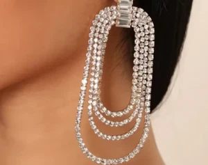 Pageant Clear Rhinestone Earrings Long Drop Dangle Chandelier Tassel Statement - Picture 1 of 7
