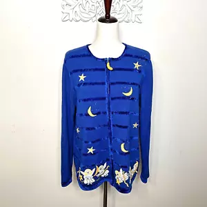 QUACKER FACTORY Sweater LARGE Vintage Cardigan Angels Night Sky Stars Moon BLUE - Picture 1 of 22