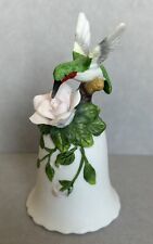 Hummingbird Ruby Throat Fine Porcelain Bisque Bell with Pink Rose Flower