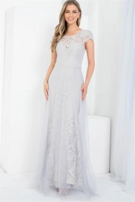 Gray Lace Overlay Maxi Dress Ball Gown Size Large Open Back Tall  - Изображение 1 из 3