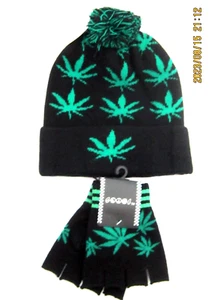 Green Marijuana Leaves MJ Leaves Pom Pom Knitted Cuffed Beanie Hat&Gloves-New! - Picture 1 of 2