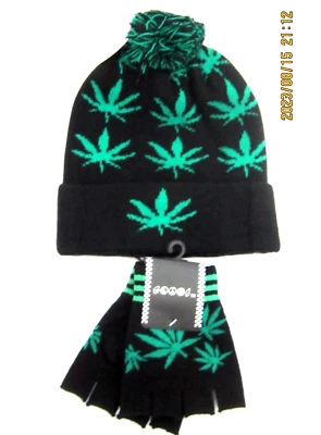 Hojas de Marihuana Verde MJ Hojas Pom Pom Tejido Puño Gorro y Guantes-¡Nuevo! Foto 1 de 2