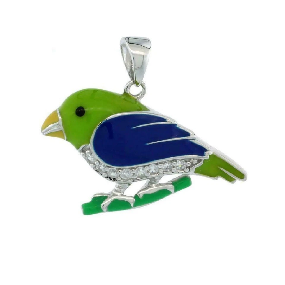 Ciondolo In Argento Sterling Con Pappagallo E Smalto Blu E Verde E Pietre CZ - Immagine 1 di 1