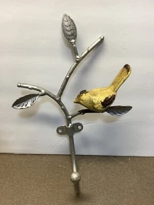 Yellow Bird on 8" branch leaves leaf Wall Hook metal Cast Iron Rustic unique - Picture 1 of 5